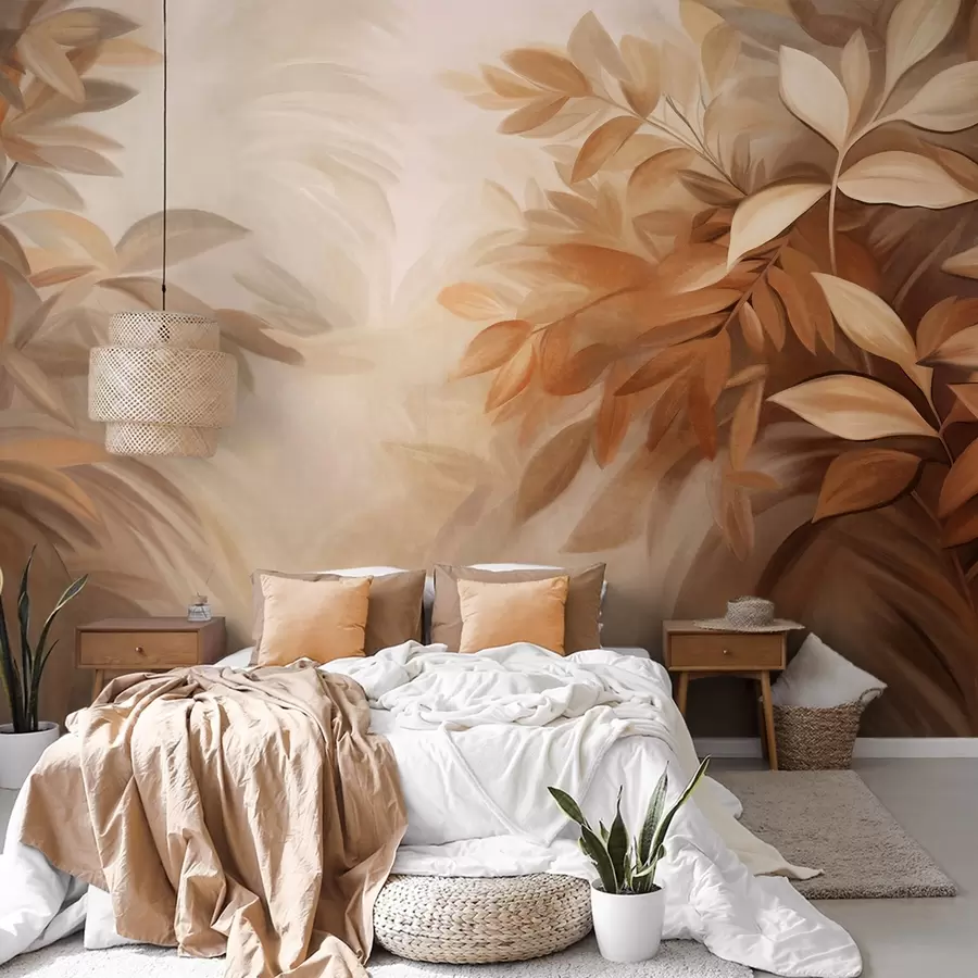 wall murals Смеђе и беж лишће са меким, замућеним текстурираним лишћем, у сликарском стилу са видљивим потезима четкице w09584