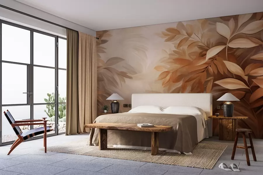 wall murals Смеђе и беж лишће са меким, замућеним текстурираним лишћем, у сликарском стилу са видљивим потезима четкице w09584