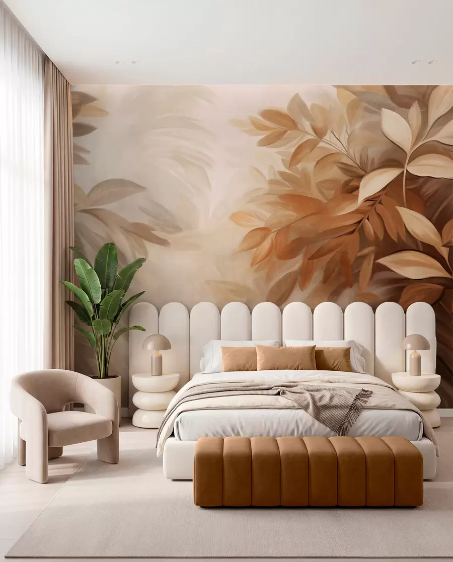 wall murals Смеђе и беж лишће са меким, замућеним текстурираним лишћем, у сликарском стилу са видљивим потезима четкице w09584
