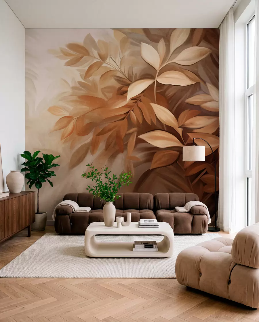 wall murals Смеђе и беж лишће са меким, замућеним текстурираним лишћем, у сликарском стилу са видљивим потезима четкице w09584