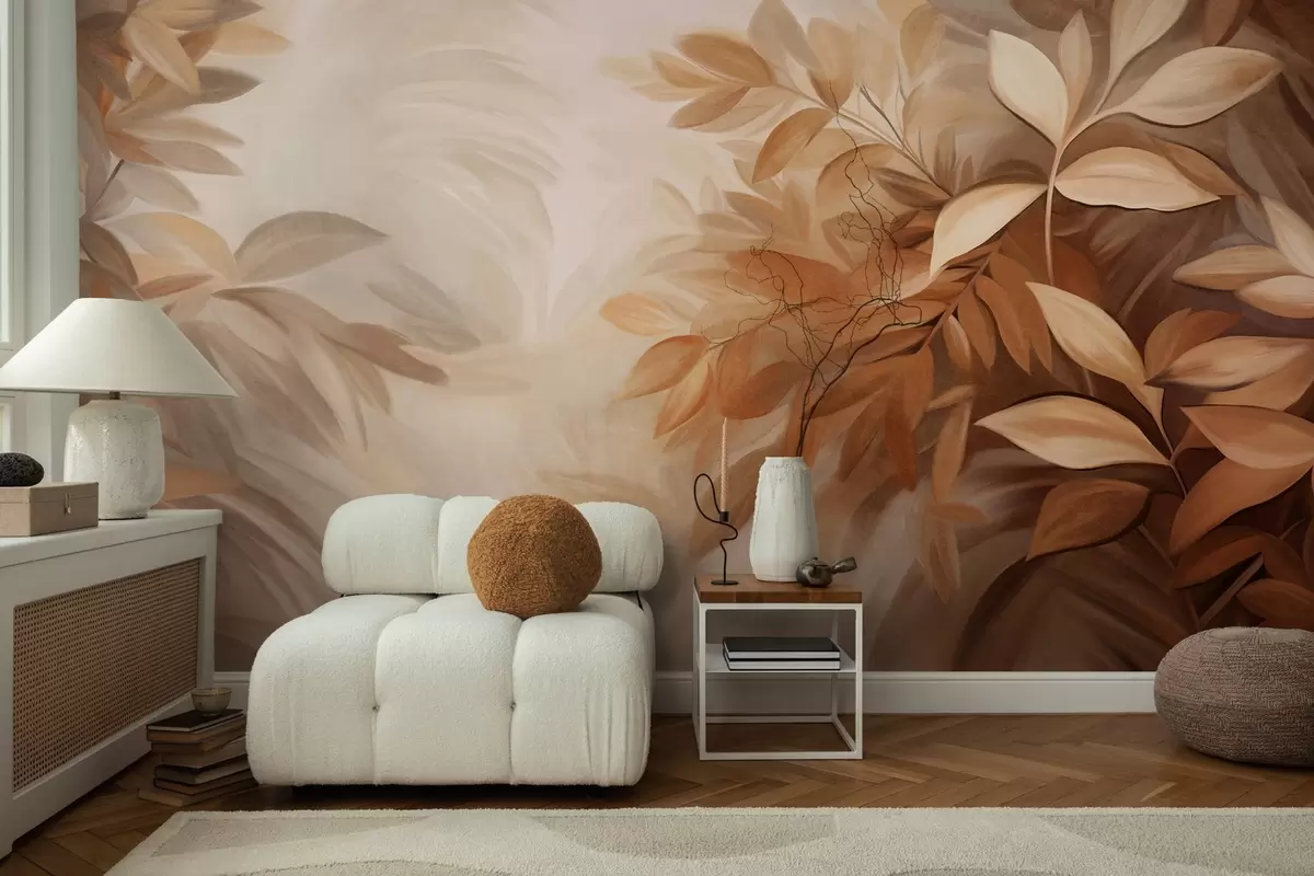 wall murals Смеђе и беж лишће са меким, замућеним текстурираним лишћем, у сликарском стилу са видљивим потезима четкице w09584