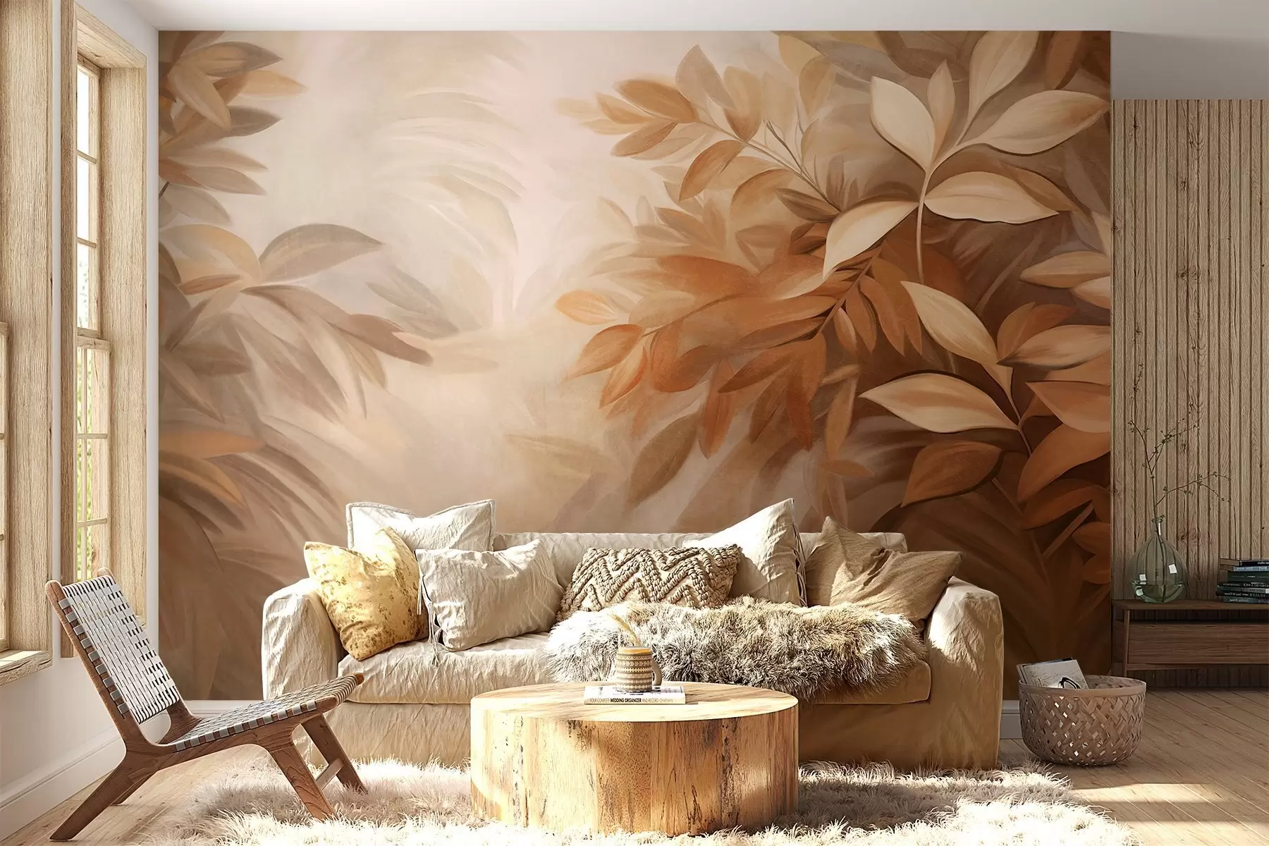 wall murals Смеђе и беж лишће са меким, замућеним текстурираним лишћем, у сликарском стилу са видљивим потезима четкице w09584