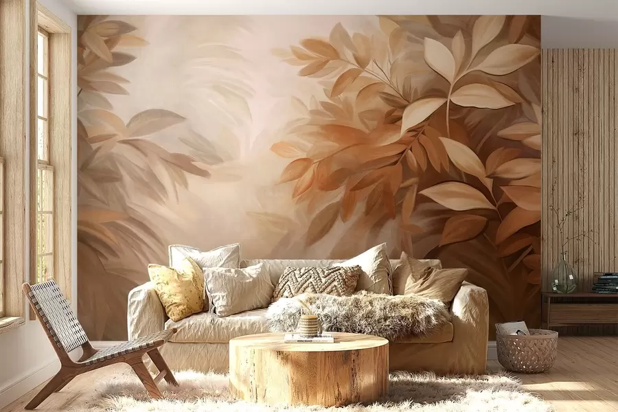 wall murals Смеђе и беж лишће са меким, замућеним текстурираним лишћем, у сликарском стилу са видљивим потезима четкице w09584