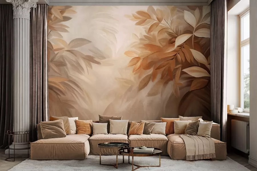 wall murals Смеђе и беж лишће са меким, замућеним текстурираним лишћем, у сликарском стилу са видљивим потезима четкице w09584