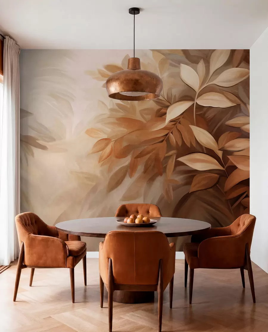 wall murals Смеђе и беж лишће са меким, замућеним текстурираним лишћем, у сликарском стилу са видљивим потезима четкице w09584