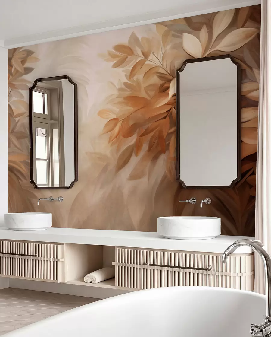 wall murals Смеђе и беж лишће са меким, замућеним текстурираним лишћем, у сликарском стилу са видљивим потезима четкице w09584