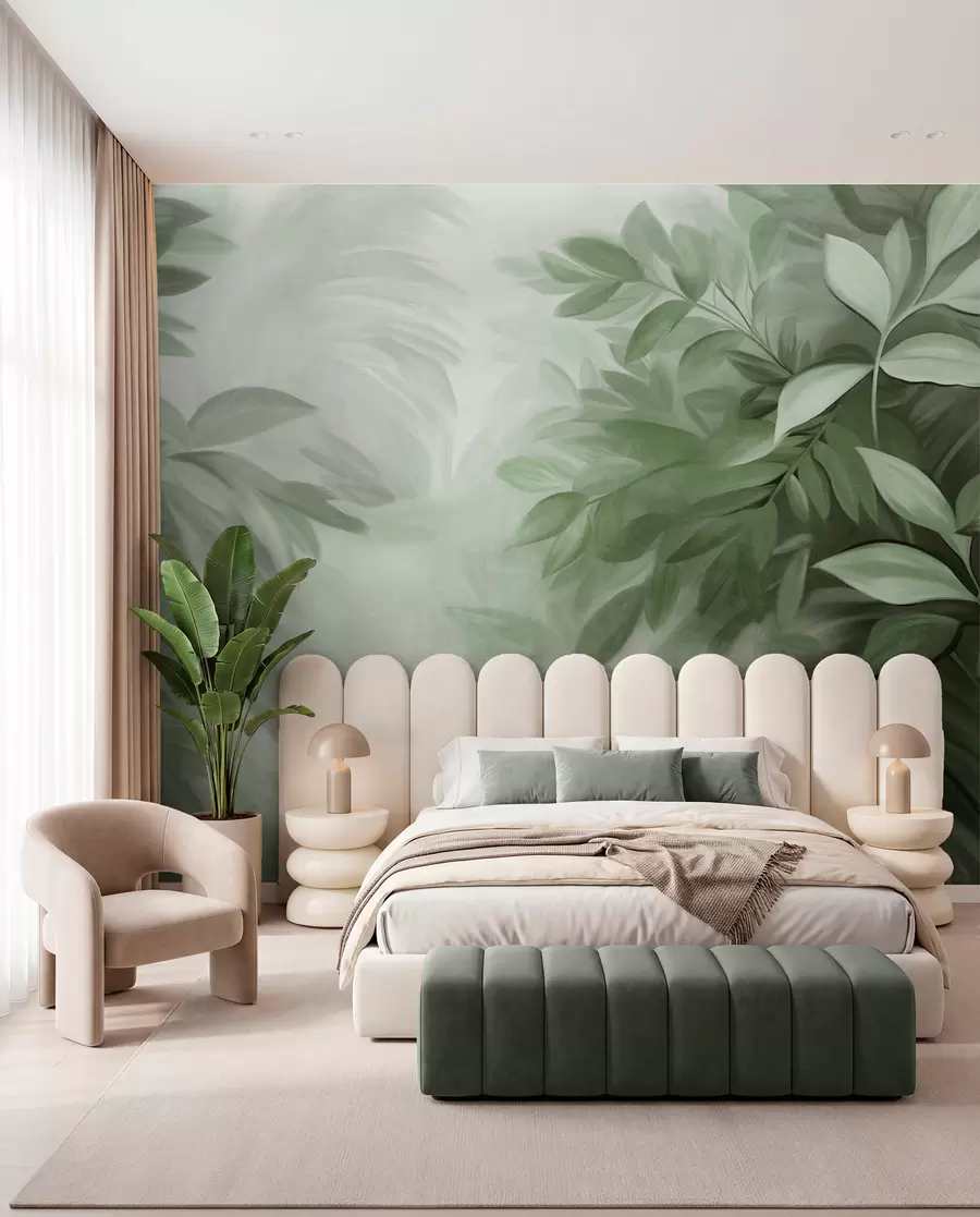 wall murals Зелено и сиво лишће са меким, замућеним текстурираним лишћем, у сликарском стилу са видљивим потезима четкице w09584v1