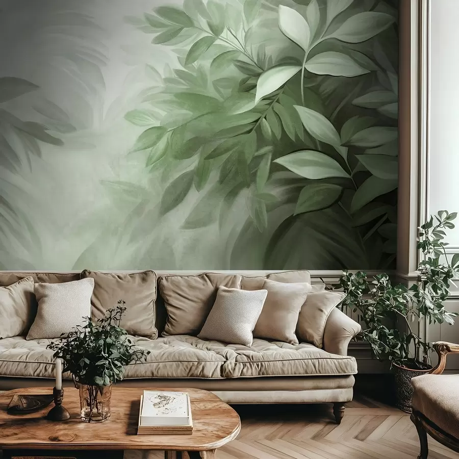 wall murals Зелено и сиво лишће са меким, замућеним текстурираним лишћем, у сликарском стилу са видљивим потезима четкице w09584v1