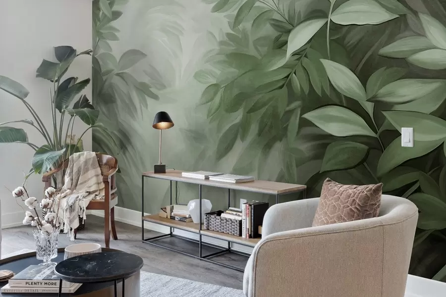 wall murals Зелено и сиво лишће са меким, замућеним текстурираним лишћем, у сликарском стилу са видљивим потезима четкице w09584v1