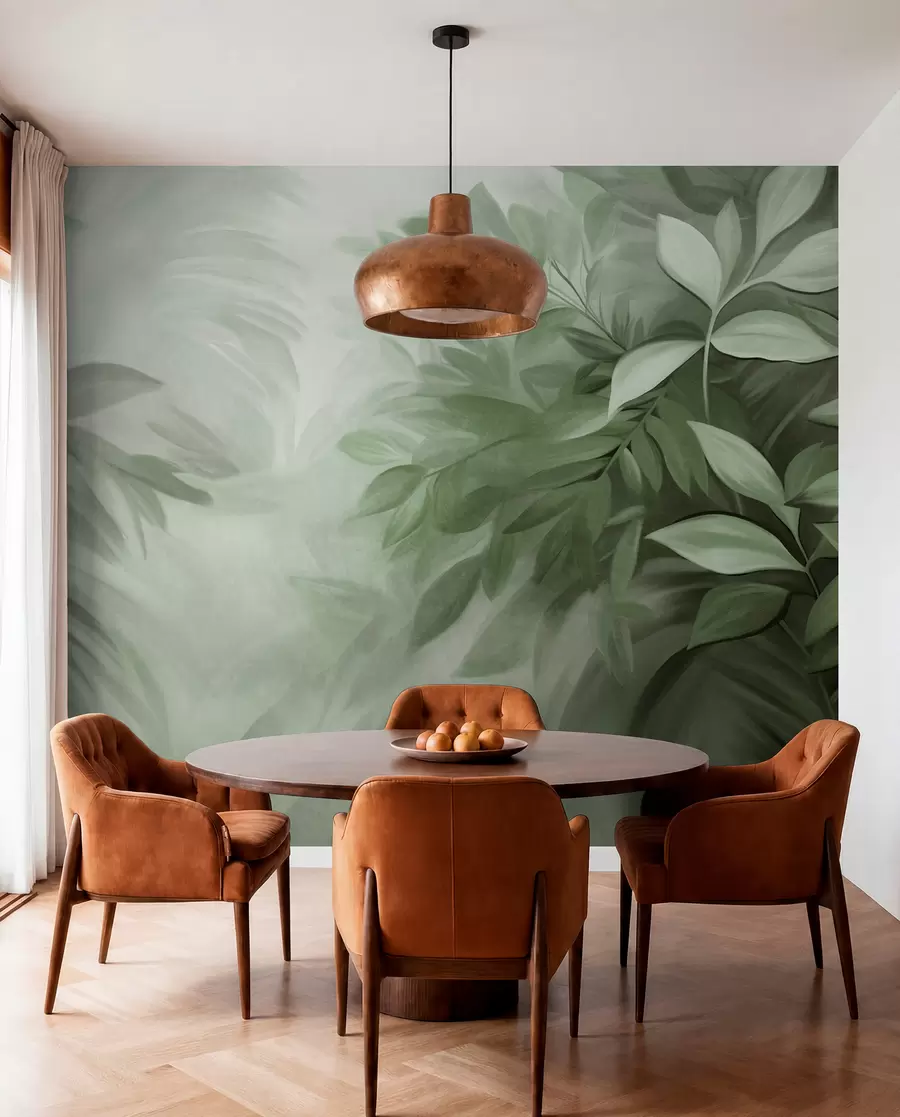 wall murals Зелено и сиво лишће са меким, замућеним текстурираним лишћем, у сликарском стилу са видљивим потезима четкице w09584v1