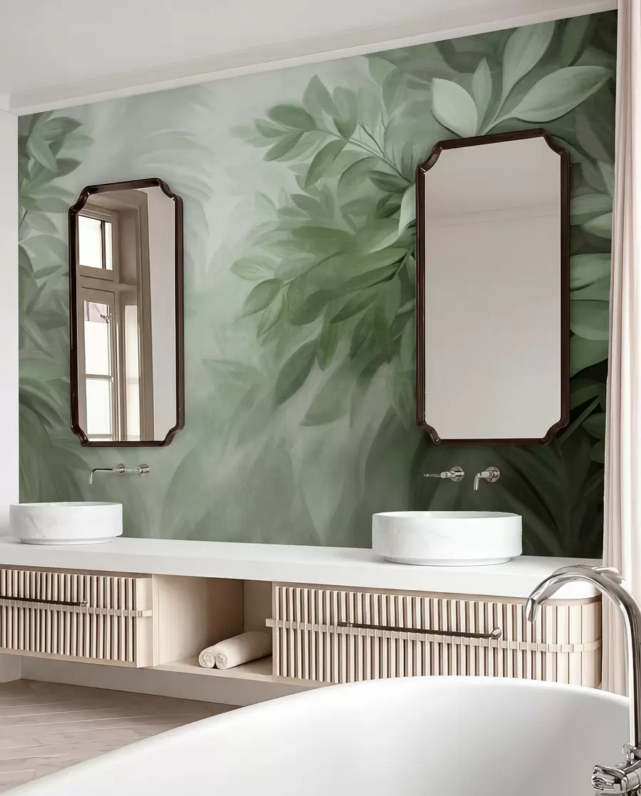 wall murals Зелено и сиво лишће са меким, замућеним текстурираним лишћем, у сликарском стилу са видљивим потезима четкице w09584v1