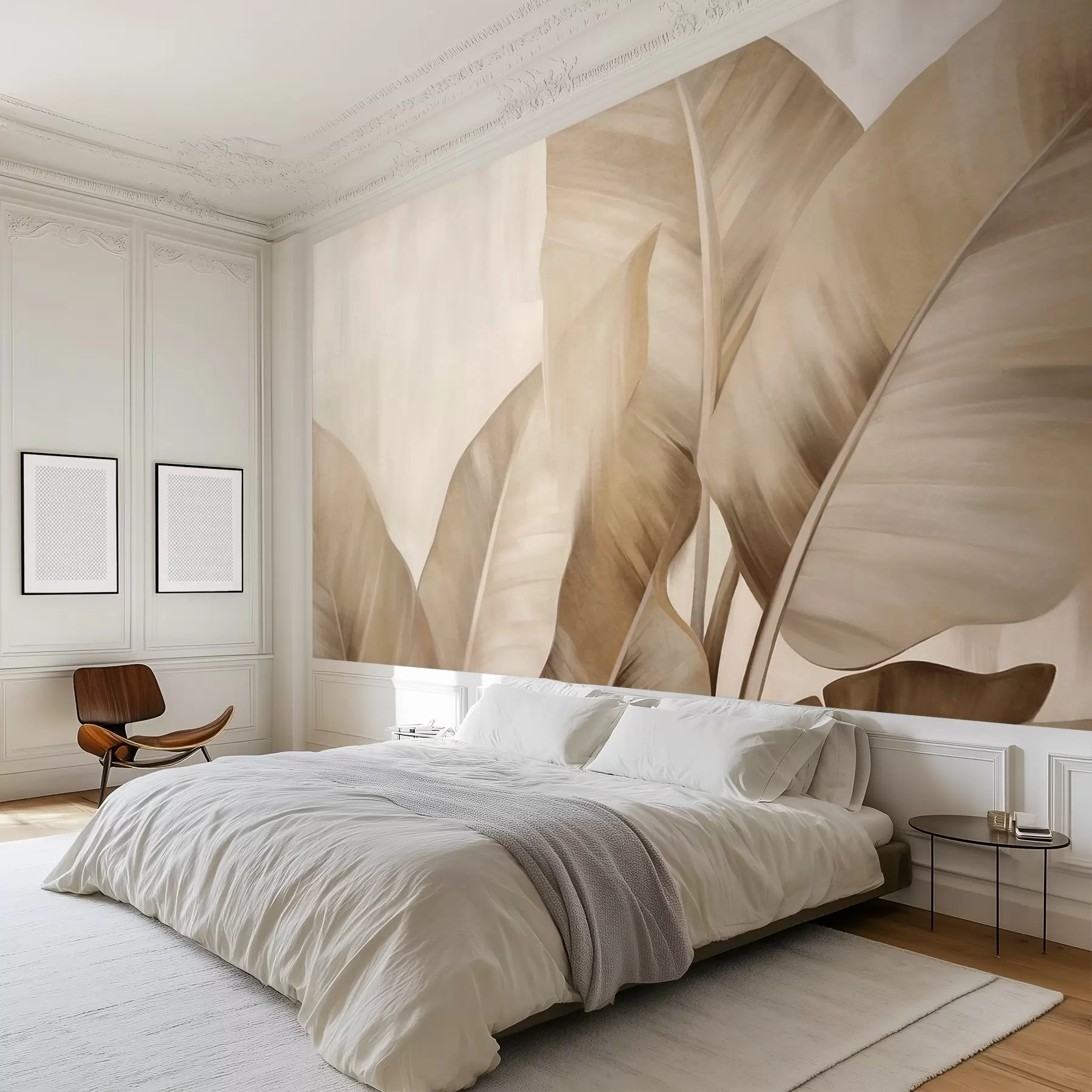 wall murals Текстурирани велики, светло смеђи листови банане на светло беж позадини, са меком и минималистичком естетиком w09586