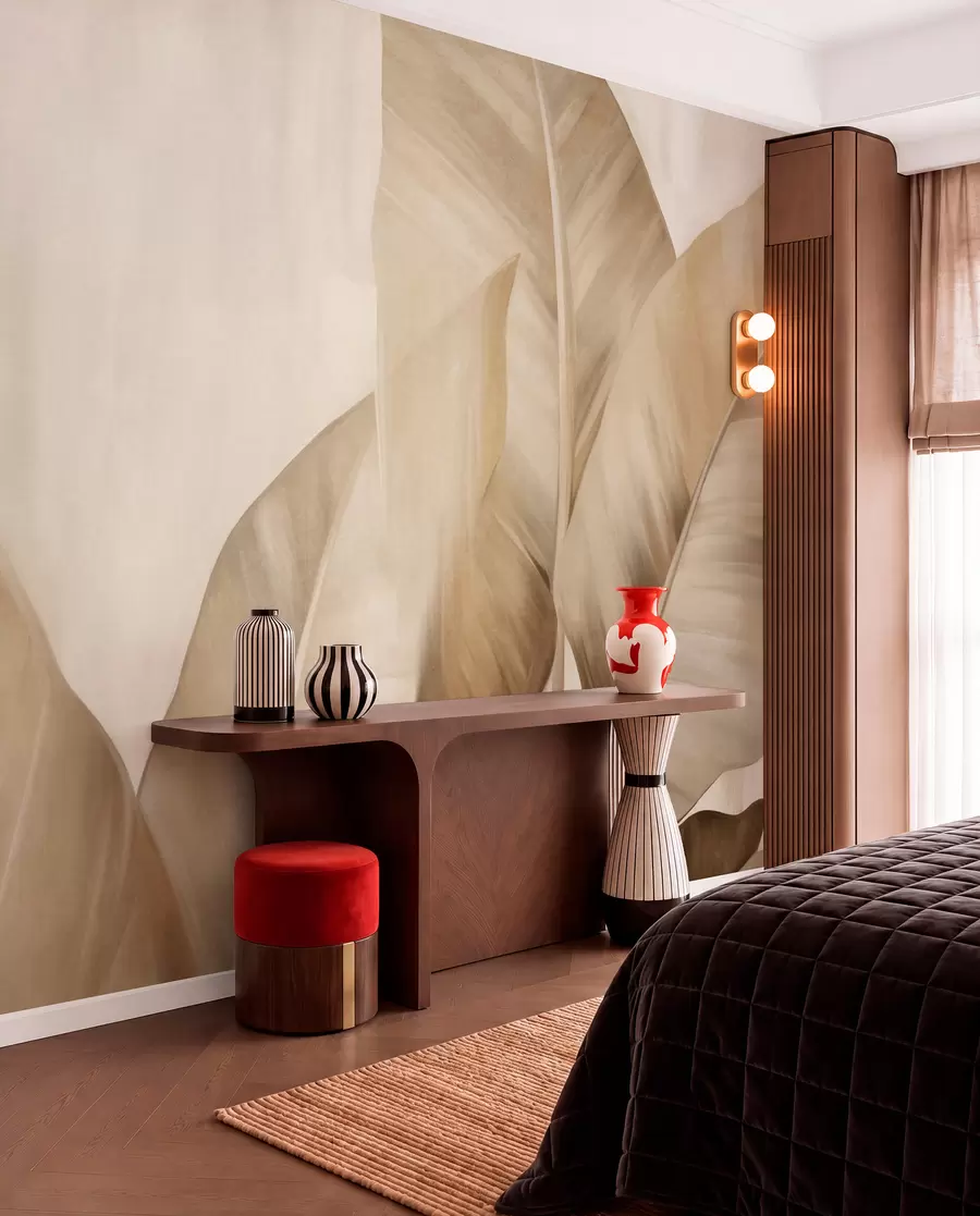 wall murals Текстурирани велики, светло смеђи листови банане на светло беж позадини, са меком и минималистичком естетиком w09586