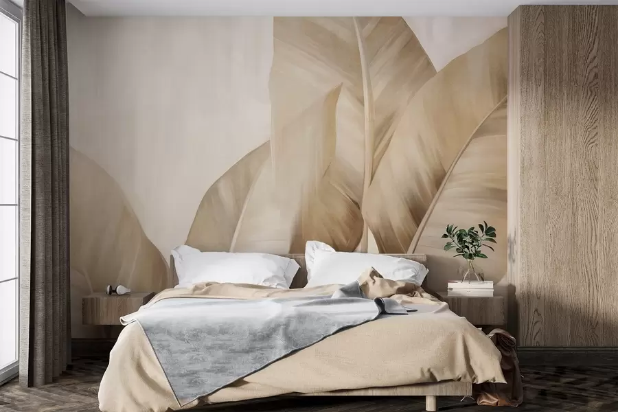 wall murals Текстурирани велики, светло смеђи листови банане на светло беж позадини, са меком и минималистичком естетиком w09586