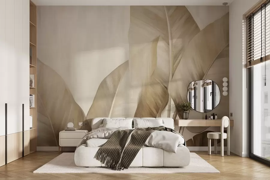 wall murals Текстурирани велики, светло смеђи листови банане на светло беж позадини, са меком и минималистичком естетиком w09586