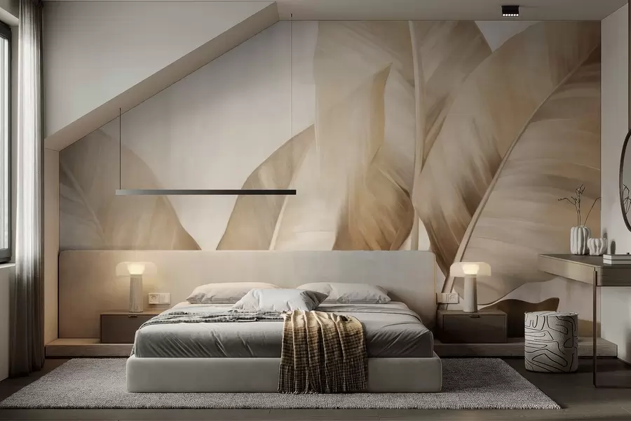 wall murals Текстурирани велики, светло смеђи листови банане на светло беж позадини, са меком и минималистичком естетиком w09586