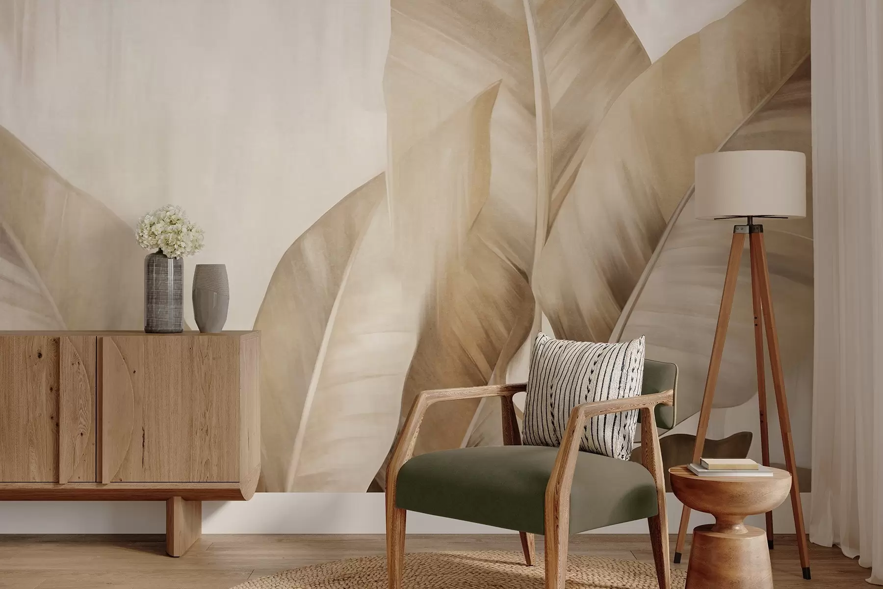 wall murals Текстурирани велики, светло смеђи листови банане на светло беж позадини, са меком и минималистичком естетиком w09586