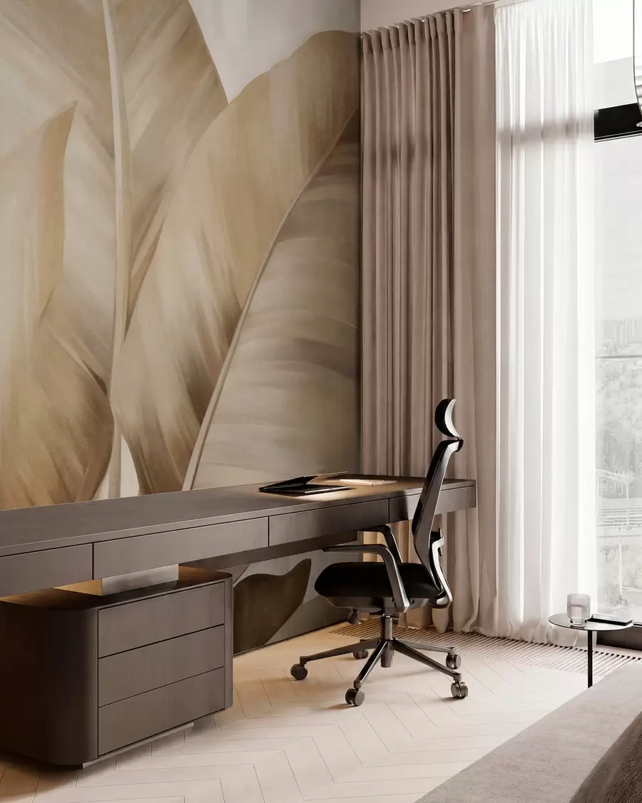 wall murals Текстурирани велики, светло смеђи листови банане на светло беж позадини, са меком и минималистичком естетиком w09586