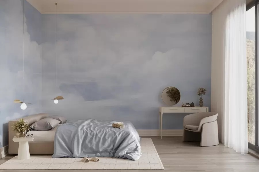 wall murals Пастелно текстурирано небо испуњено белим облацима са меком и минималистичком естетиком w09589
