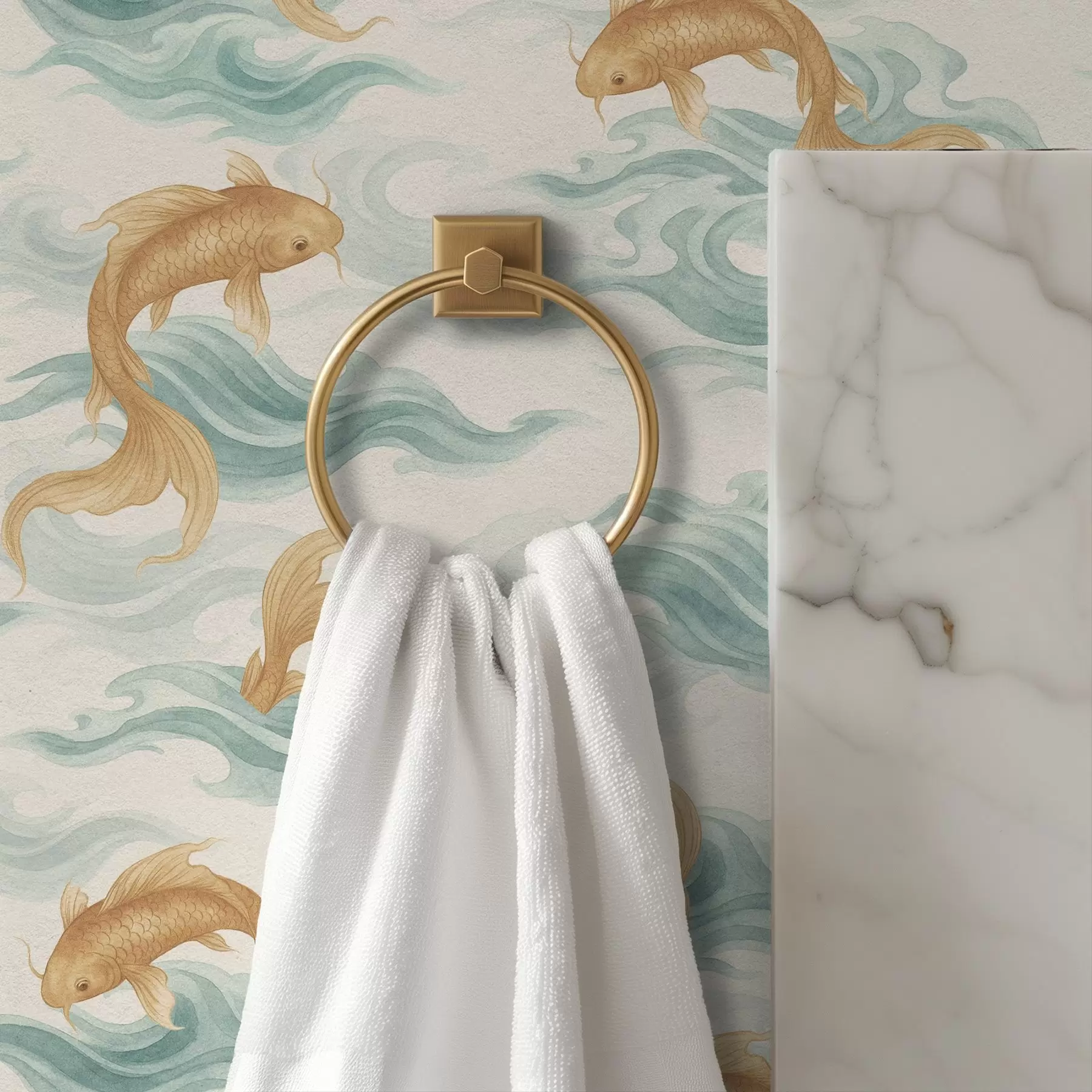 wall murals Ћилибарна кои риба плива међу меким тиркизним таласима a00894