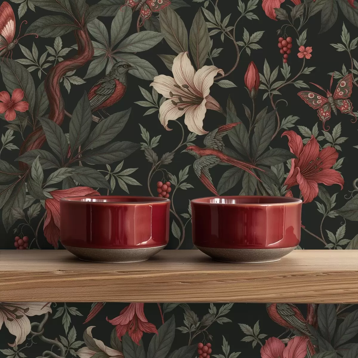 Позадина Тамни џунгласти цветови са птицама и лептирима a00895