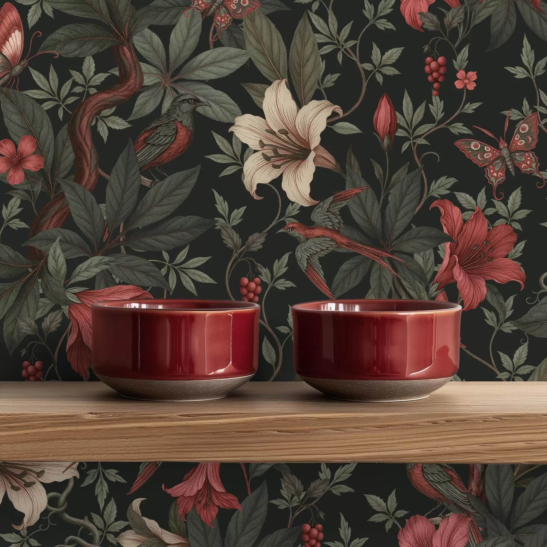 wall murals Тамни џунгласти цветови са птицама и лептирима a00895