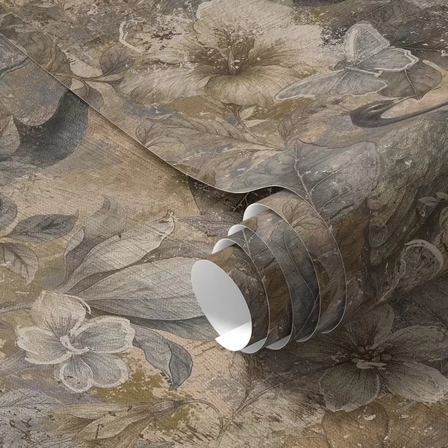 wall murals Колаж старих цветова са пауновима и лептирима a00897