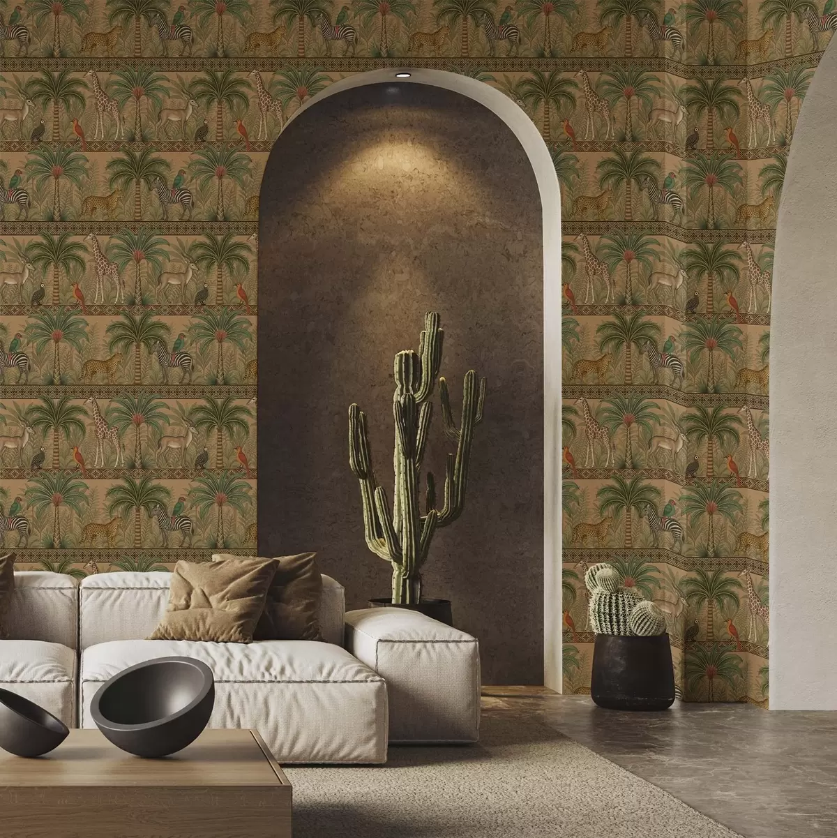 Позадина Декоративне животиње саване између палми и ивица a00898