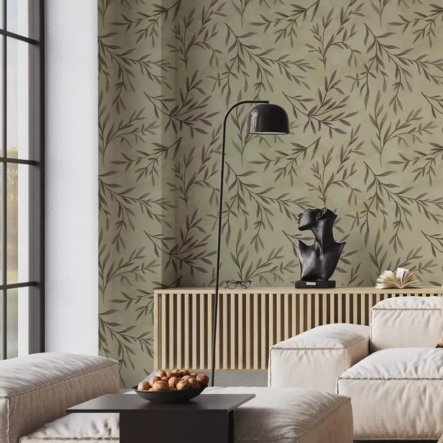 wall murals Јоргована и зелена гранчица са лишћем на топлој позадини a00936v4