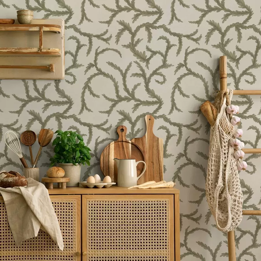 wall murals Меке зелене коврџе четинара на светлој позадини a00938