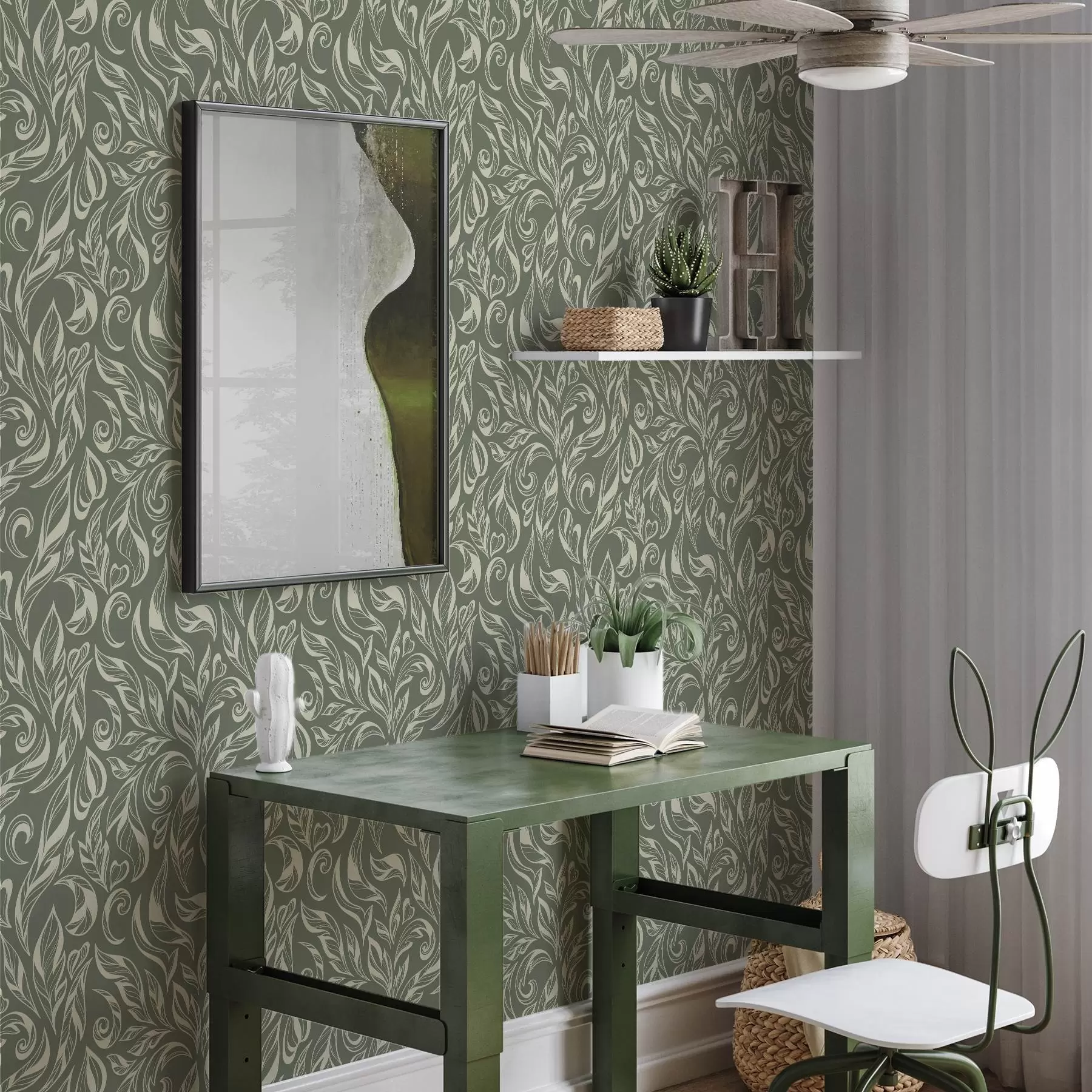 wall murals Крем лиснати украс на зеленкасто-сивој позадини a00940v2