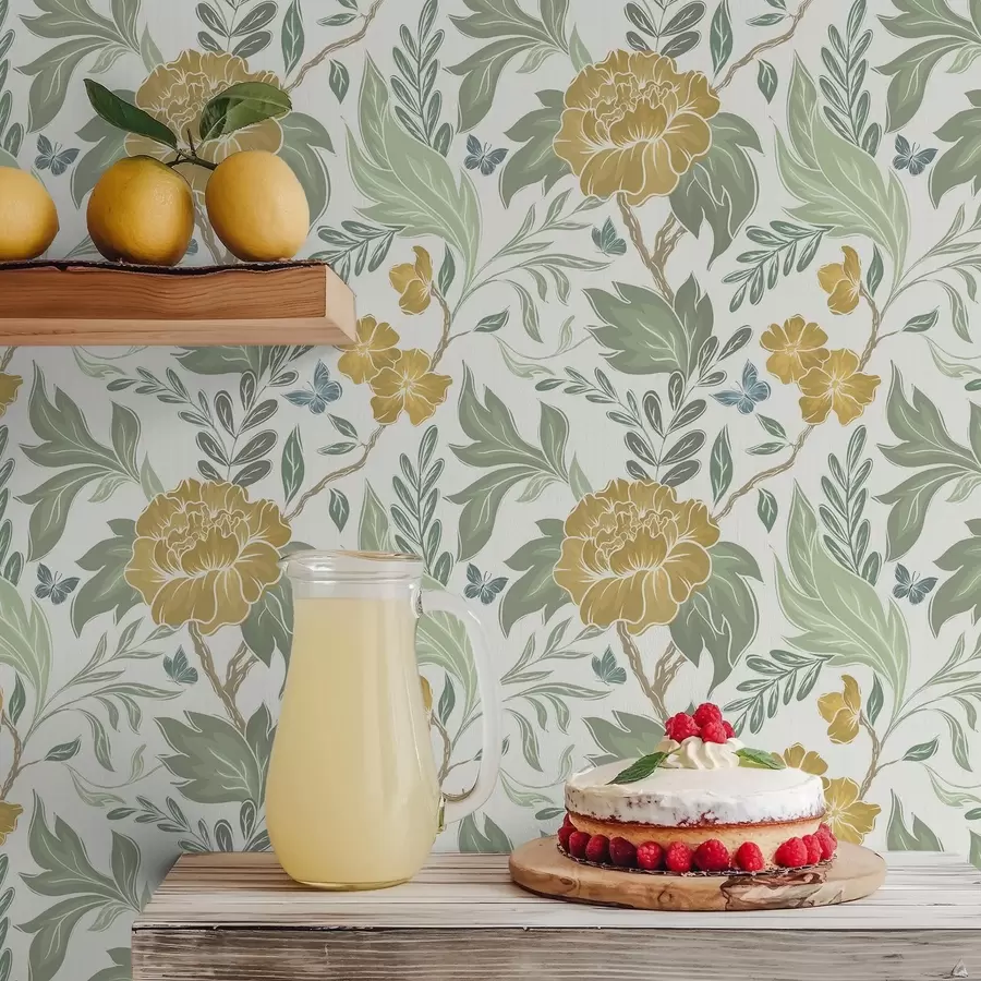 wall murals Велики жути божури и зеленило на светлој позадини a00941