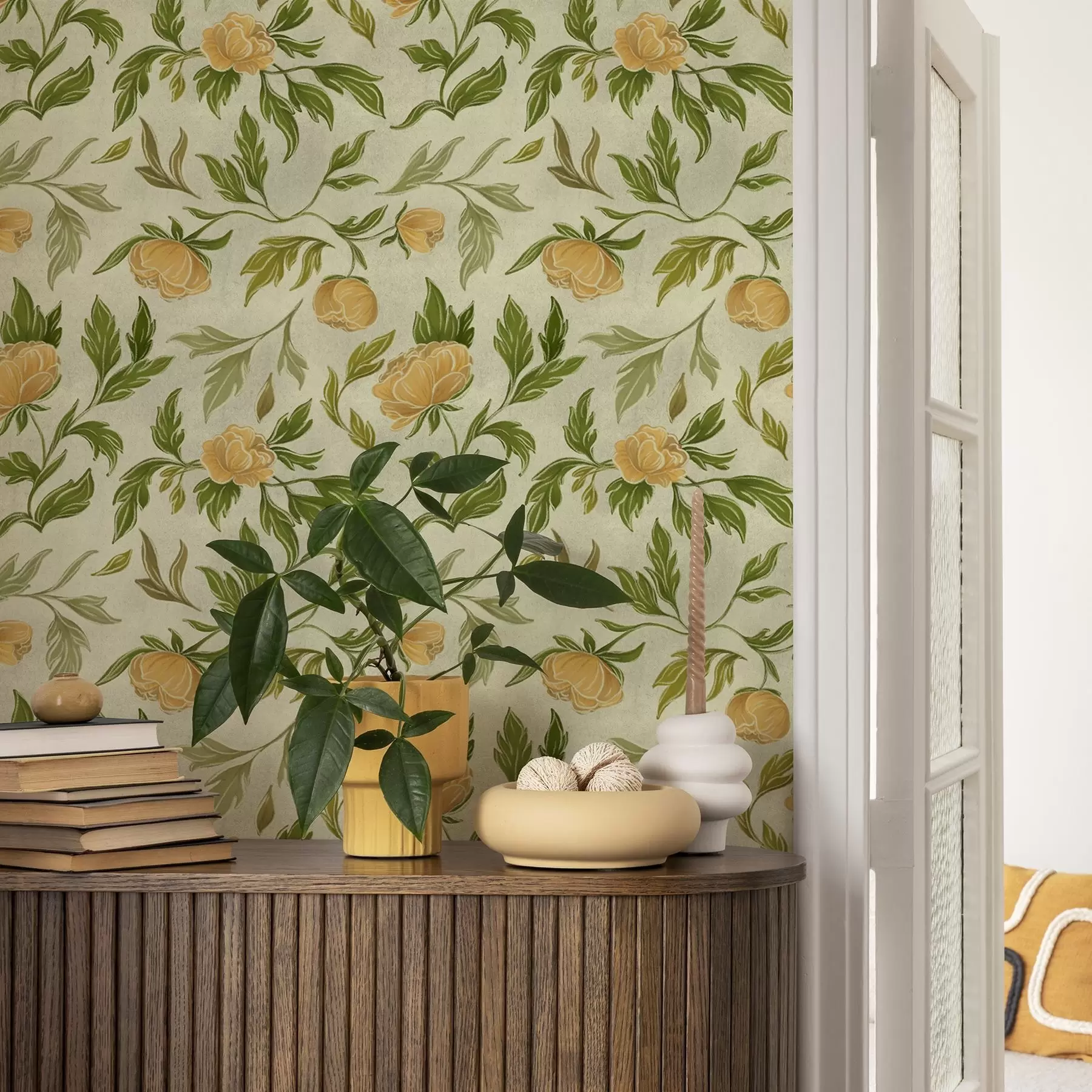 wall murals Жути божури и лишће на мекој светлозеленој позадини a00942