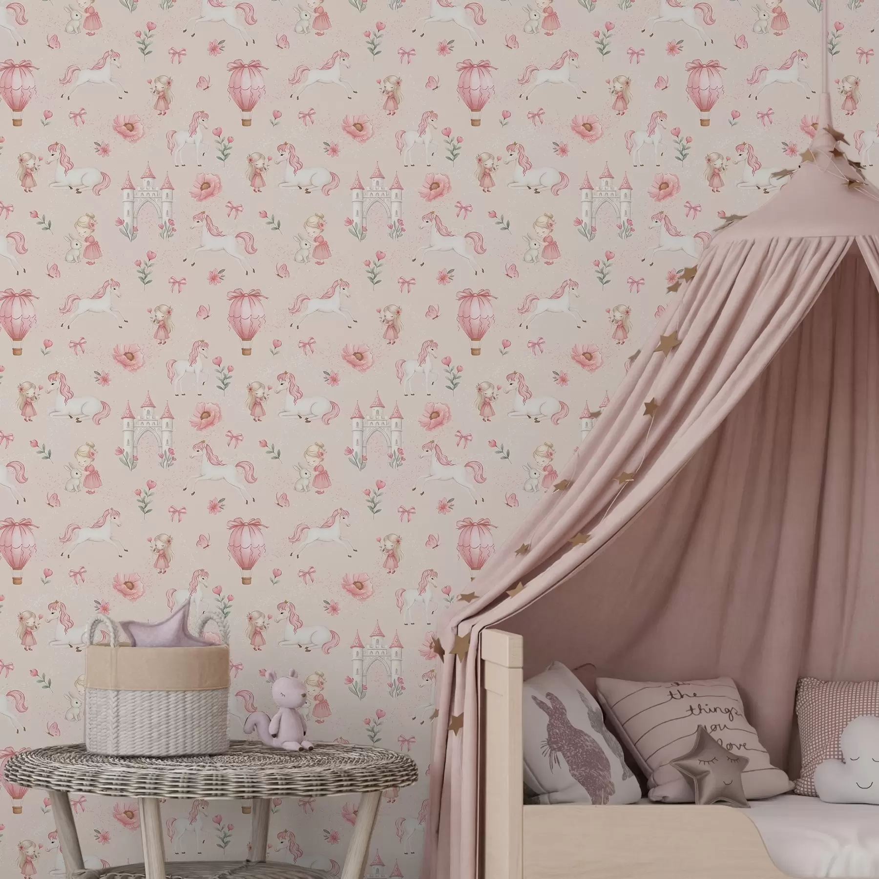 wall murals Ружичасти једнорози, мале девојчице и замак на мекој позадини a00957