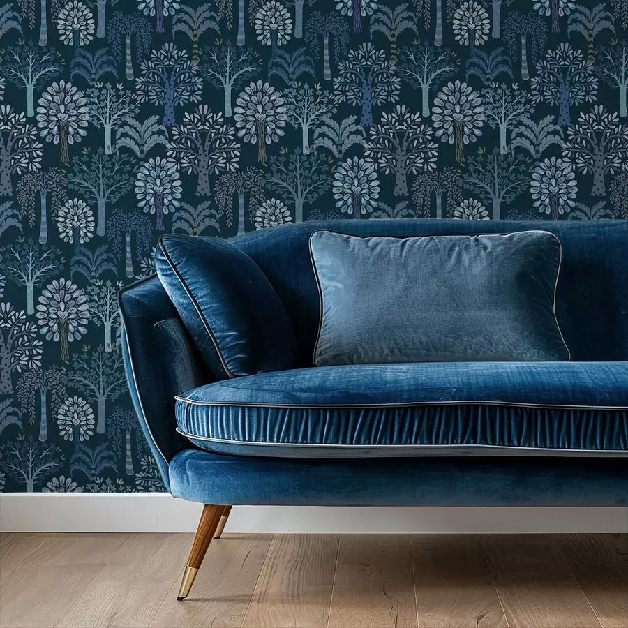 wall murals Ноћна шума са украсним дрвећем у плавим нијансама a00960v2