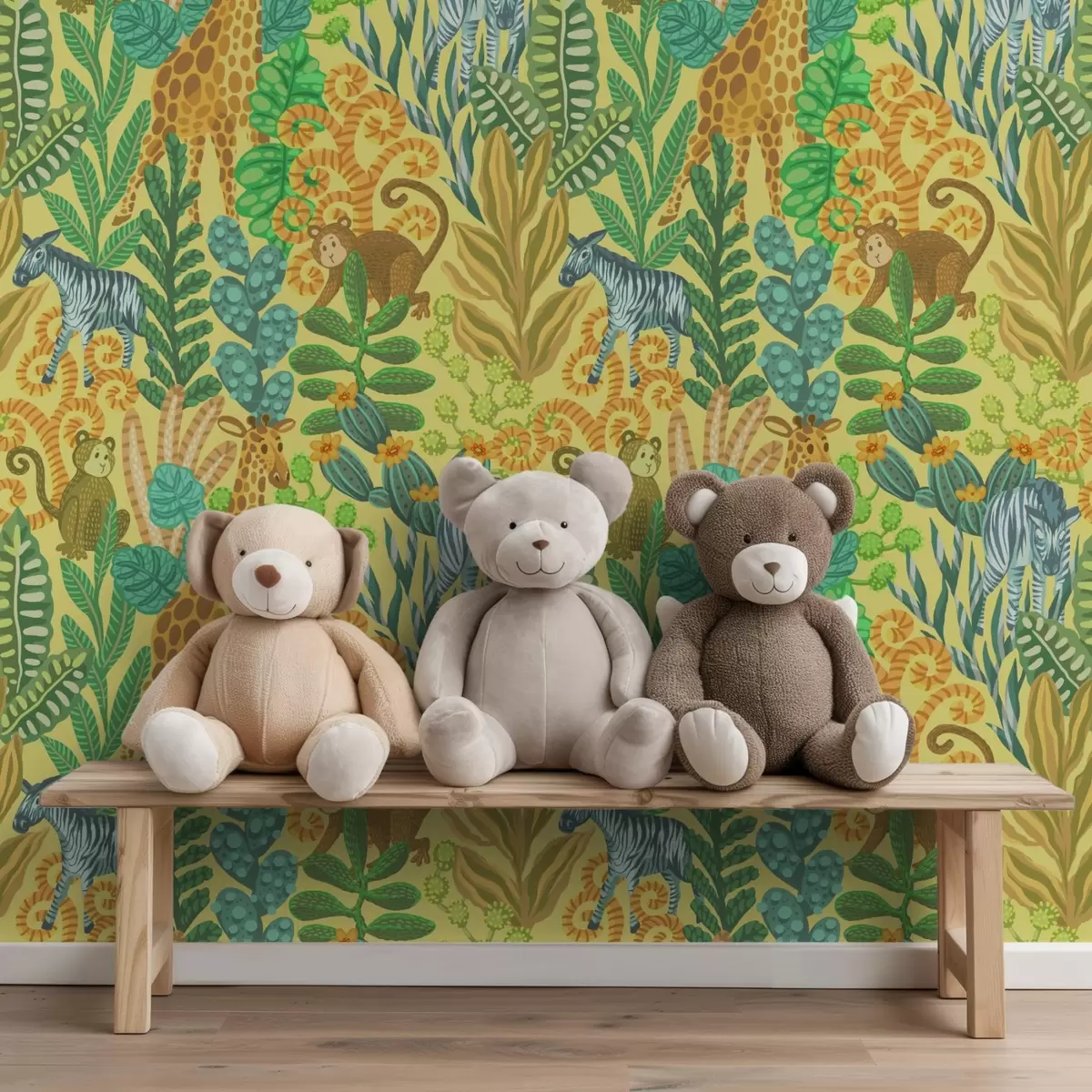 Позадина Жирафа, зебра и мајмун у јарко жутој савани a01000v1