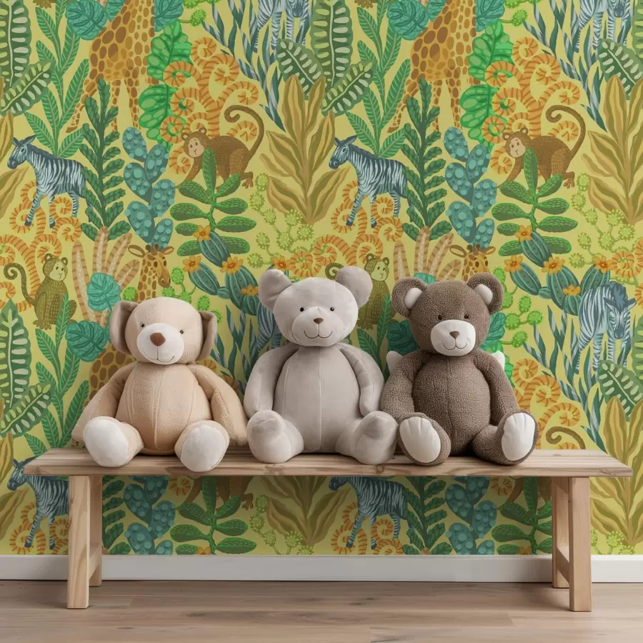 wall murals Жирафа, зебра и мајмун у јарко жутој савани a01000v1