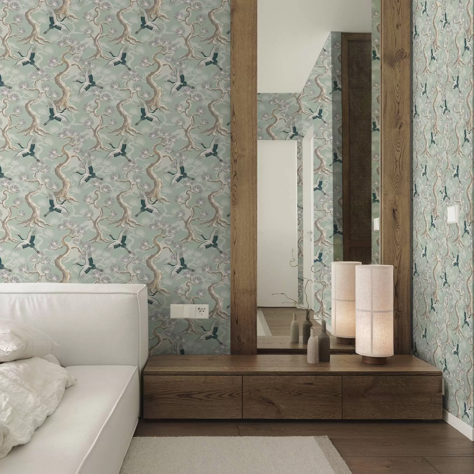 wall murals Ждралови међу закривљеним гранама на мекој позадини боје жалфије a01023