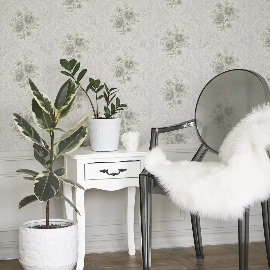 wall murals Светли дамаски узорак са сивим ружама у меким дијамантима a01024