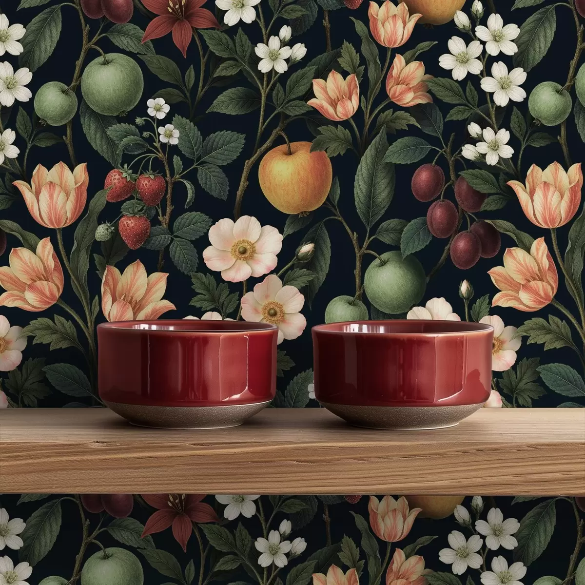 Позадина Мрачна башта са цвећем, зрелим јабукама и бобицама a01034