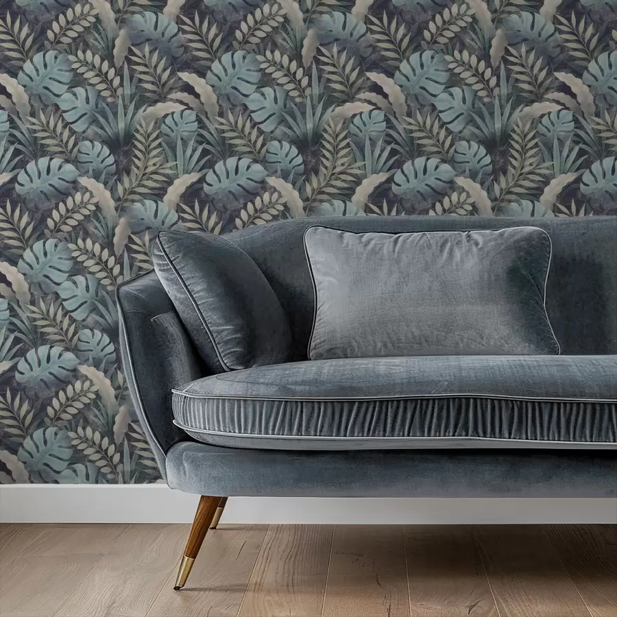 wall murals Тропско лишће у хладним плаво-зеленим тоновима a01035