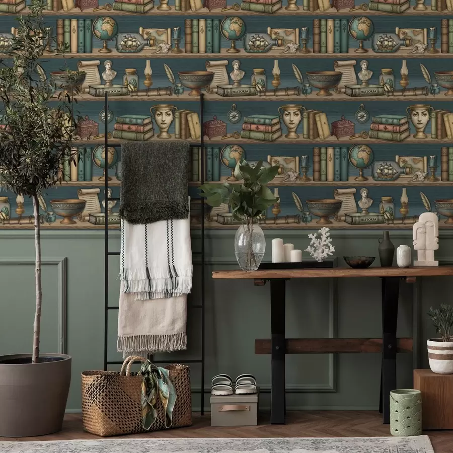 wall murals Винтажне полице са књигама, глобусом и морским занимљивостима a01036