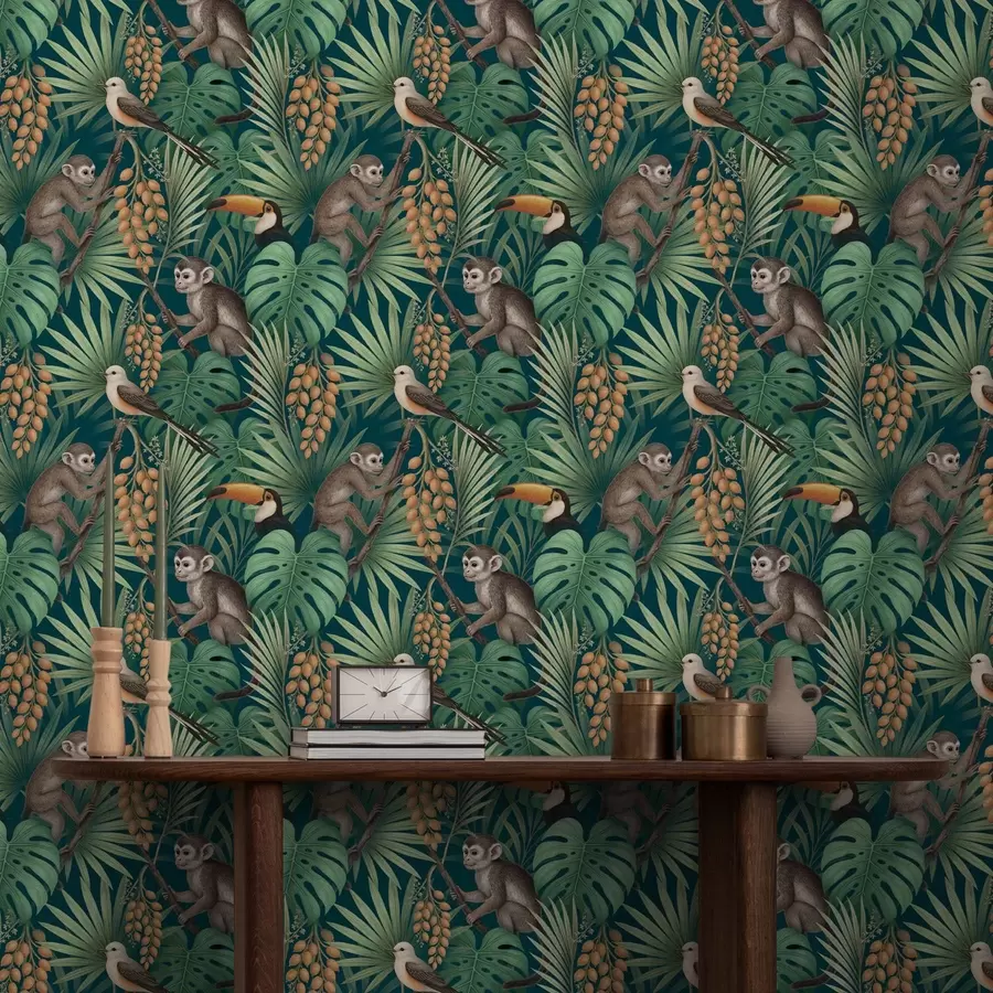 wall murals Мајмуни и тропске птице у густом лишћу џунгле a01037