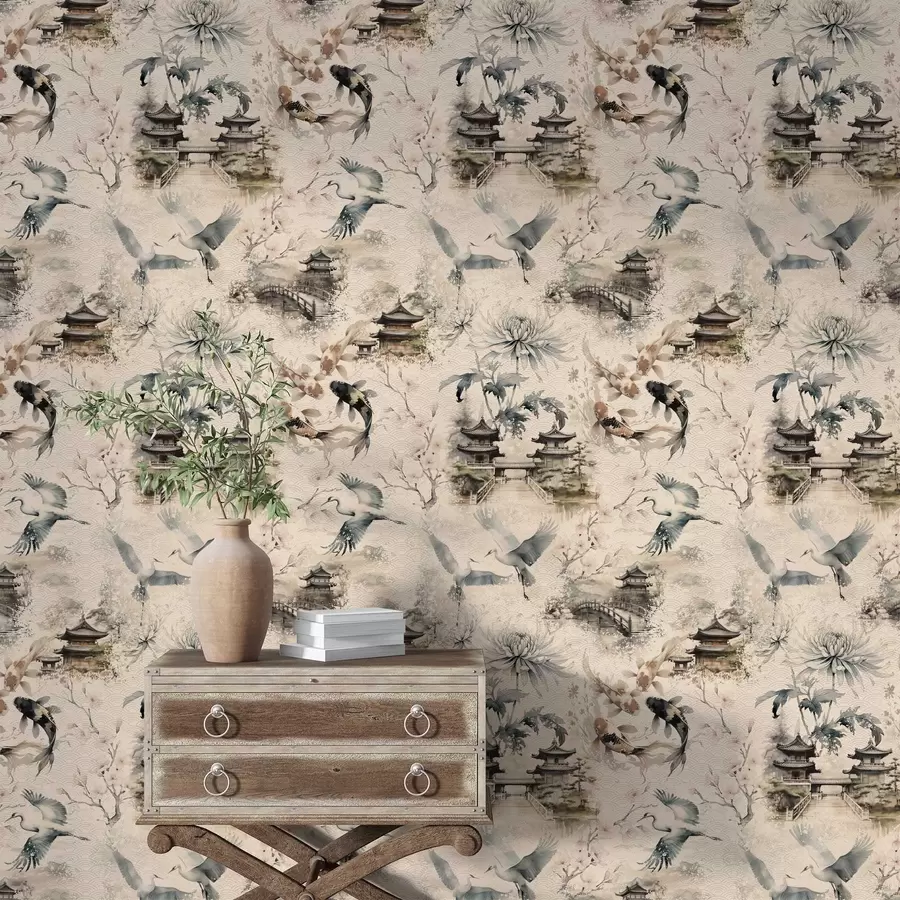 wall murals Јапански храмови, кои рибе и ждралови на мекој позадини a01040