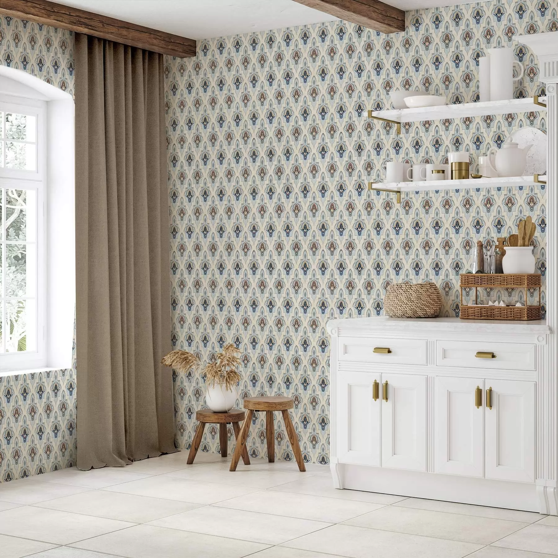 wall murals Оријентални узорак малих плочица у плаво-песковитој палети a01044