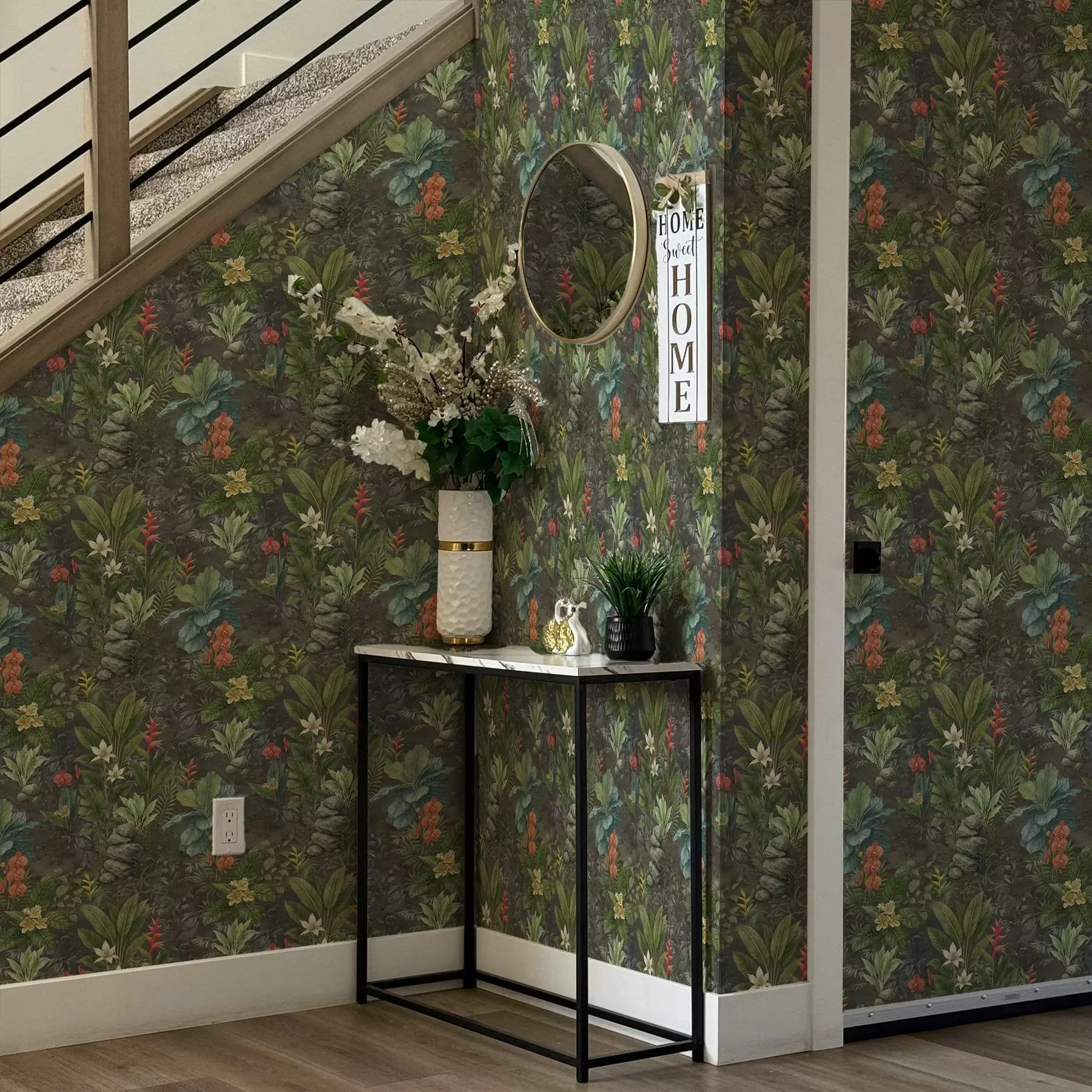 wall murals Тамна тропска башта са светлим цвећем и лишћем a01079