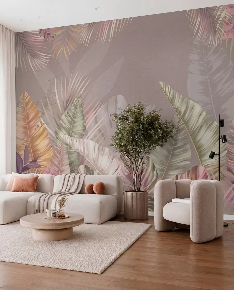 wall murals Тропско лишће у меким пастелним нијансама w01684