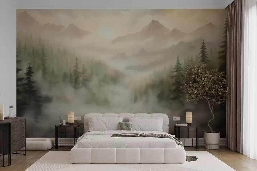 wall murals Шума у магли на позадини планина w04730