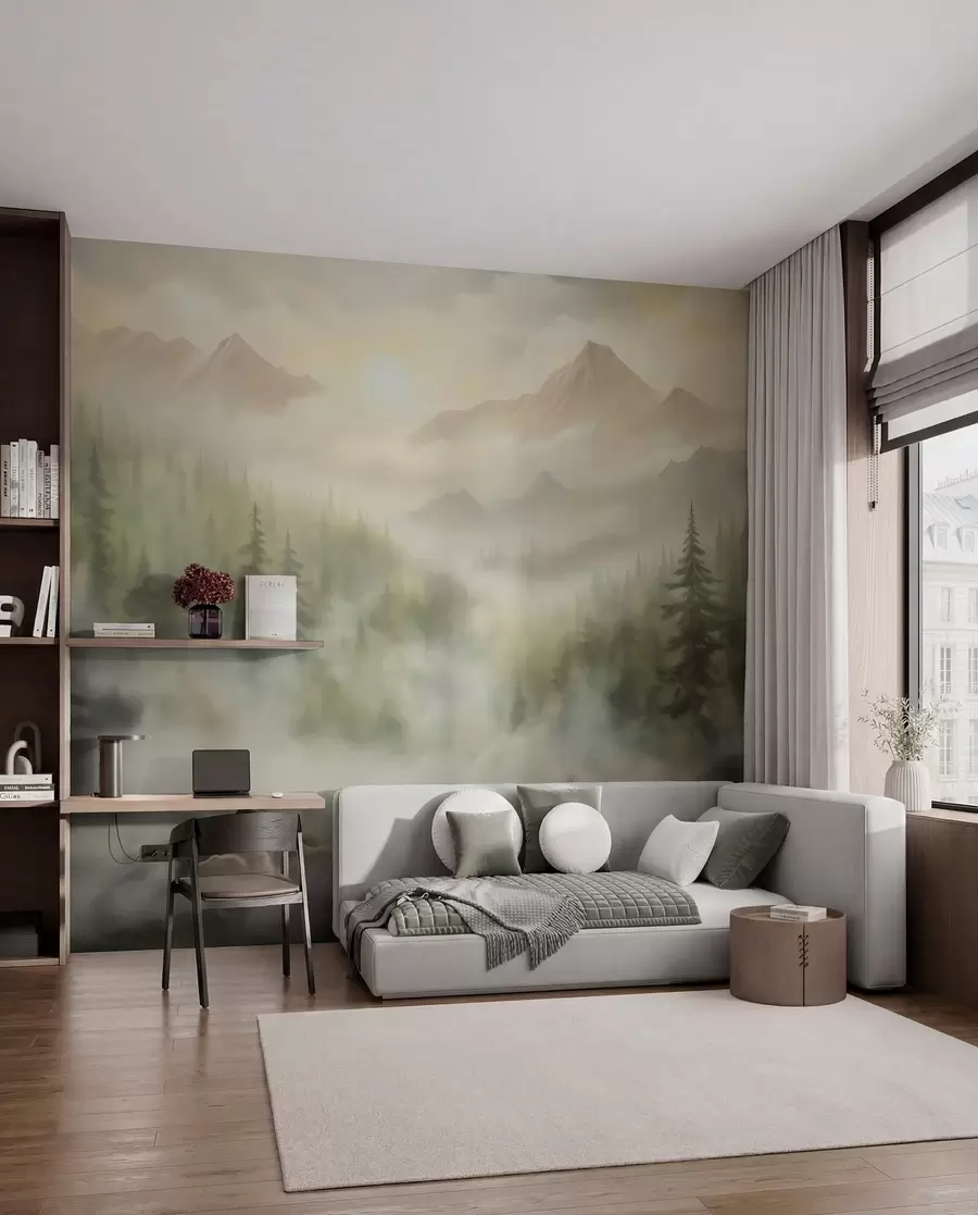 wall murals Шума у магли на позадини планина w04730