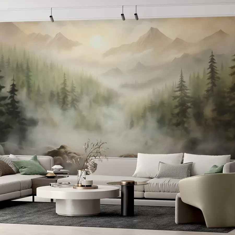 wall murals Шума у магли на позадини планина w04730